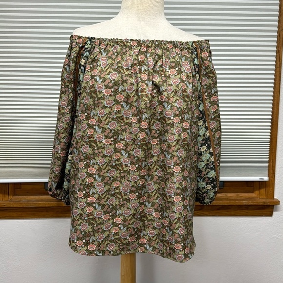 Anthropologie One September Green Pink Floral Print Off The Shoulder Top - Picture 4 of 12